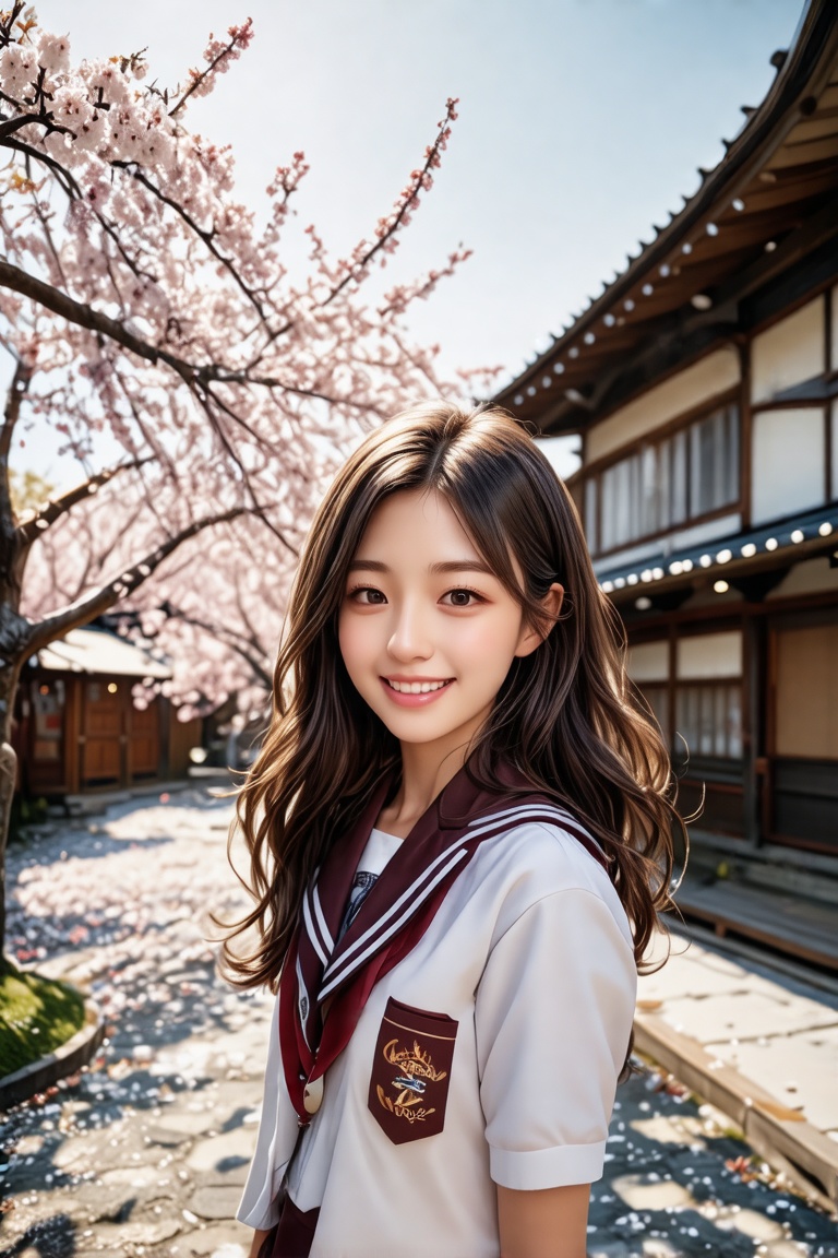 masterpiece, best quality, realistic, realistic lighting, 8K, HDR, 1girl, solo, long hair, looking at viewer, smile, school uniform, japanese high school setting, soft sunlight, cherry blossoms in the background, gentle breeze, warm colors
