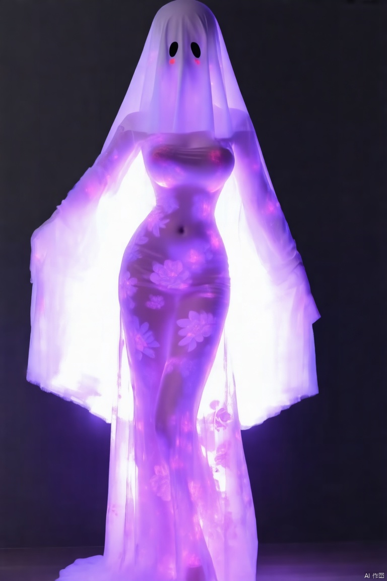 1girl, solo, dress, breasts, simple background, see-through, veil, floral print, large breasts, blush, taut clothes, long dress, standing, full body, arms behind back,Ghost Costume,youlingnian,Fluorescence effect,dynamic angle,Dynamic posture, indoor