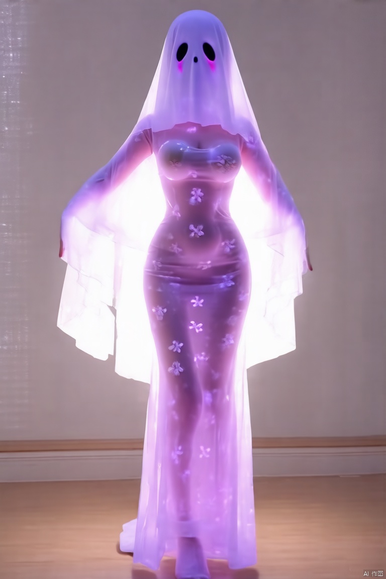 1girl, solo, dress, breasts, simple background, see-through, veil, floral print, large breasts, blush, taut clothes, long dress, standing, full body, arms behind back,Ghost Costume,youlingnian,Fluorescence effect,dynamic angle,Dynamic posture, Outdoor,