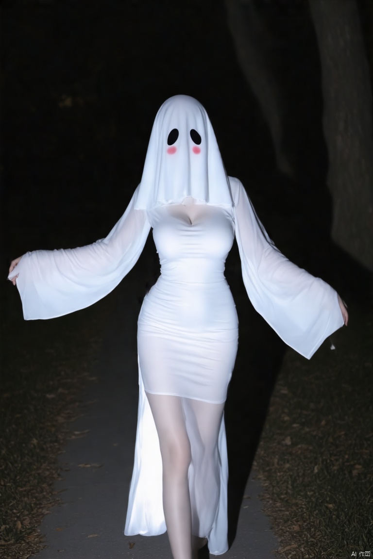 youling,This is a photograph of a woman with a hood that covers their head and face,A ghostly figure in a white dress. The dress is paired with a white,hooded cloak that covers her head and extends down to her wrists,giving her an ethereal,ghost-like appearance. Her face is not visible,but two black,empty eye sockets are cut out of the hood,There are two blushes under the eye holes,making the character look a little cute. creating a spooky,Halloween-themed look,
She is walking open arms on the features dark,leafy trees and a pathway with dimly lit lights. The scene is set in an outdoor,possibly suburban,night environment,
the backling make her dress transparent,looks very sexy,Fluorescence effect,youlingnian