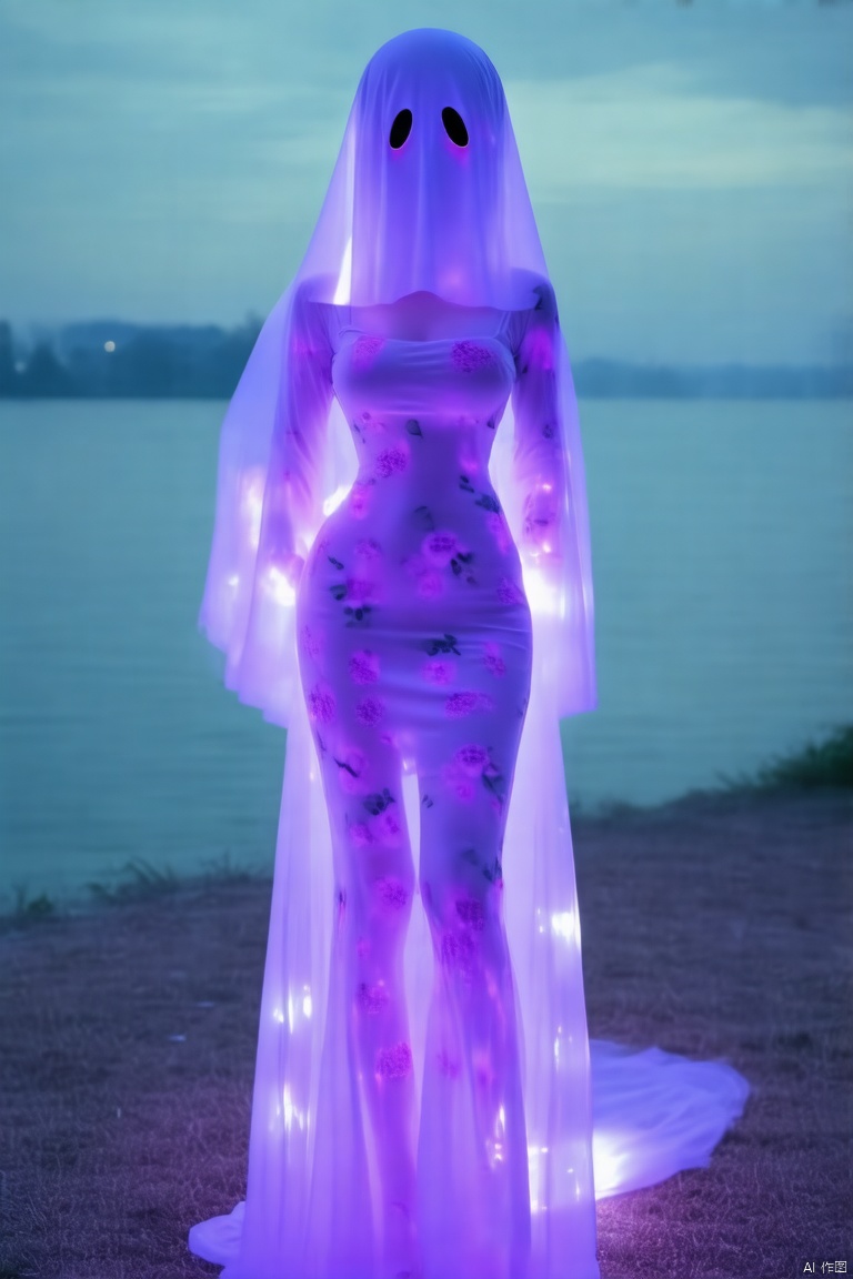 1girl, solo, dress, breasts, simple background, see-through, veil, floral print, large breasts, blush, taut clothes, long dress, standing, full body, arms behind back,Ghost Costume,youlingnian,Fluorescence effect,dynamic angle,Dynamic posture, Outdoor,