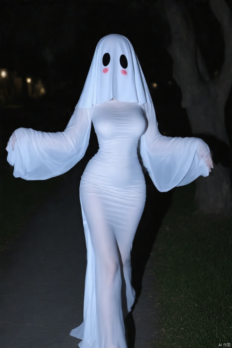youling,This is a photograph of a woman with a hood that covers their head and face,A ghostly figure in a white dress. The dress is paired with a white,hooded cloak that covers her head and extends down to her wrists,giving her an ethereal,ghost-like appearance. Her face is not visible,but two black,empty eye sockets are cut out of the hood,There are two blushes under the eye holes,making the character look a little cute. creating a spooky,Halloween-themed look,
She is walking open arms on the features dark,leafy trees and a pathway with dimly lit lights. The scene is set in an outdoor,possibly suburban,night environment,
the backling make her dress transparent,looks very sexy,Fluorescence effect,youlingnian