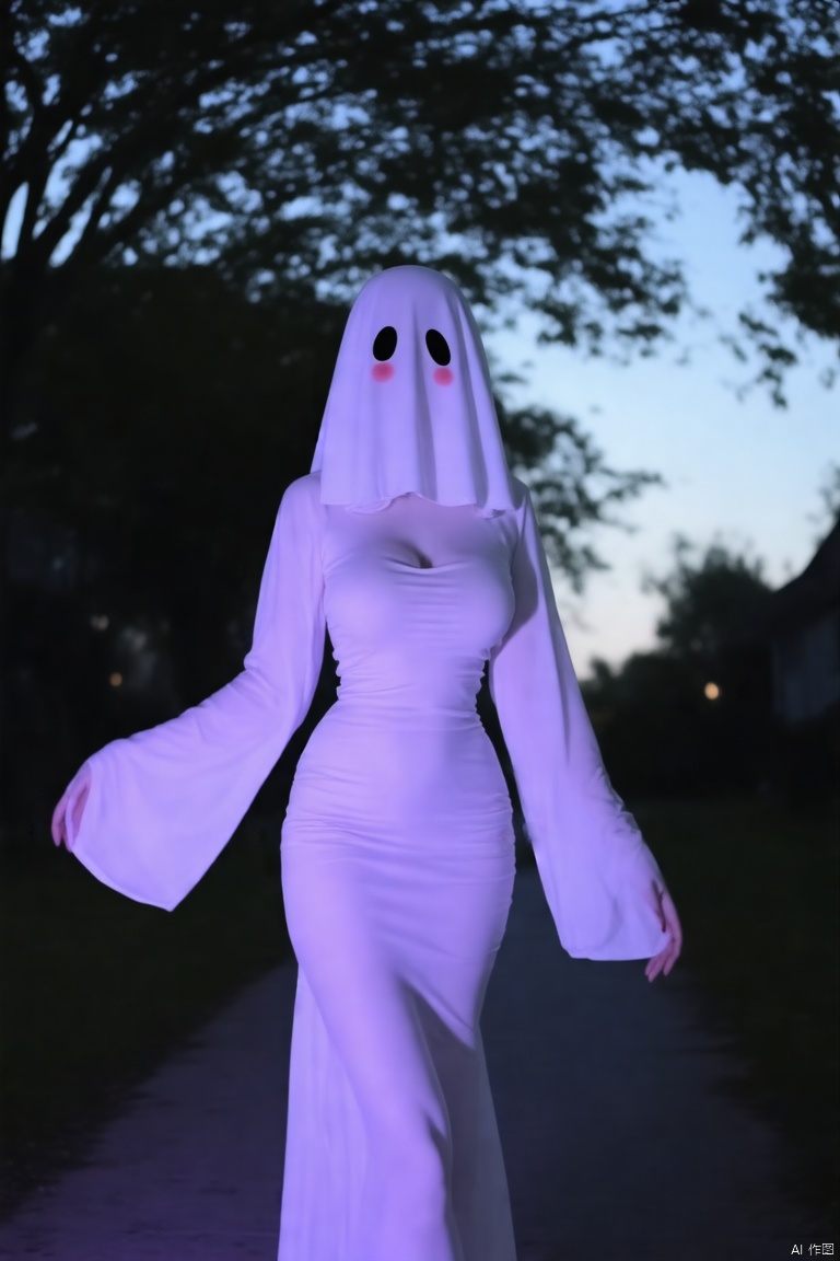 youling,This is a photograph of a woman with a hood that covers their head and face,A ghostly figure in a white dress. The dress is paired with a white,hooded cloak that covers her head and extends down to her wrists,giving her an ethereal,ghost-like appearance. Her face is not visible,but two black,empty eye sockets are cut out of the hood,There are two blushes under the eye holes,making the character look a little cute. creating a spooky,Halloween-themed look,
She is walking open arms on the features dark,leafy trees and a pathway with dimly lit lights. The scene is set in an outdoor,possibly suburban,night environment,
the backling make her dress transparent,looks very sexy,Fluorescence effect,youlingnian