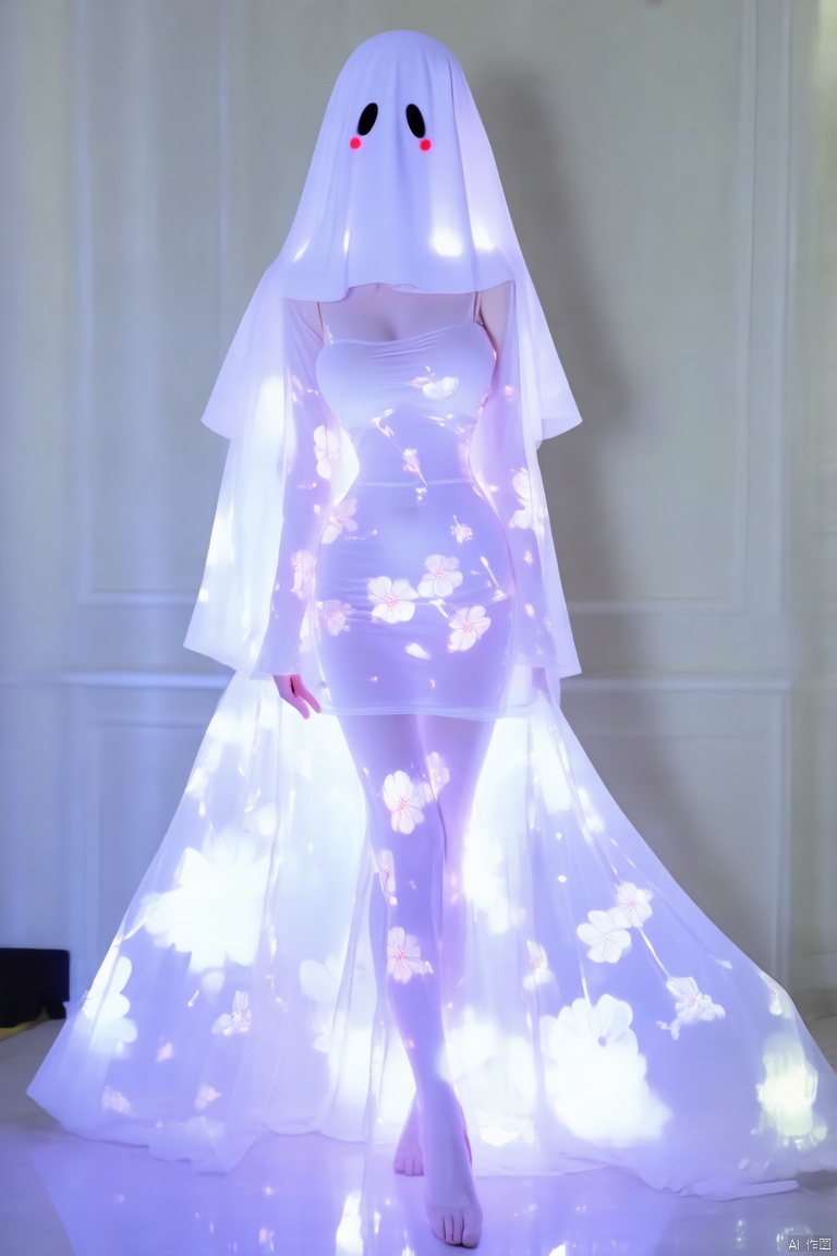 1girl, solo, dress, breasts, simple background, see-through, veil, floral print, large breasts, blush, taut clothes, long dress, standing, full body, arms behind back,Ghost Costume,youlingnian,Fluorescence effect,dynamic angle,Dynamic posture, indoor