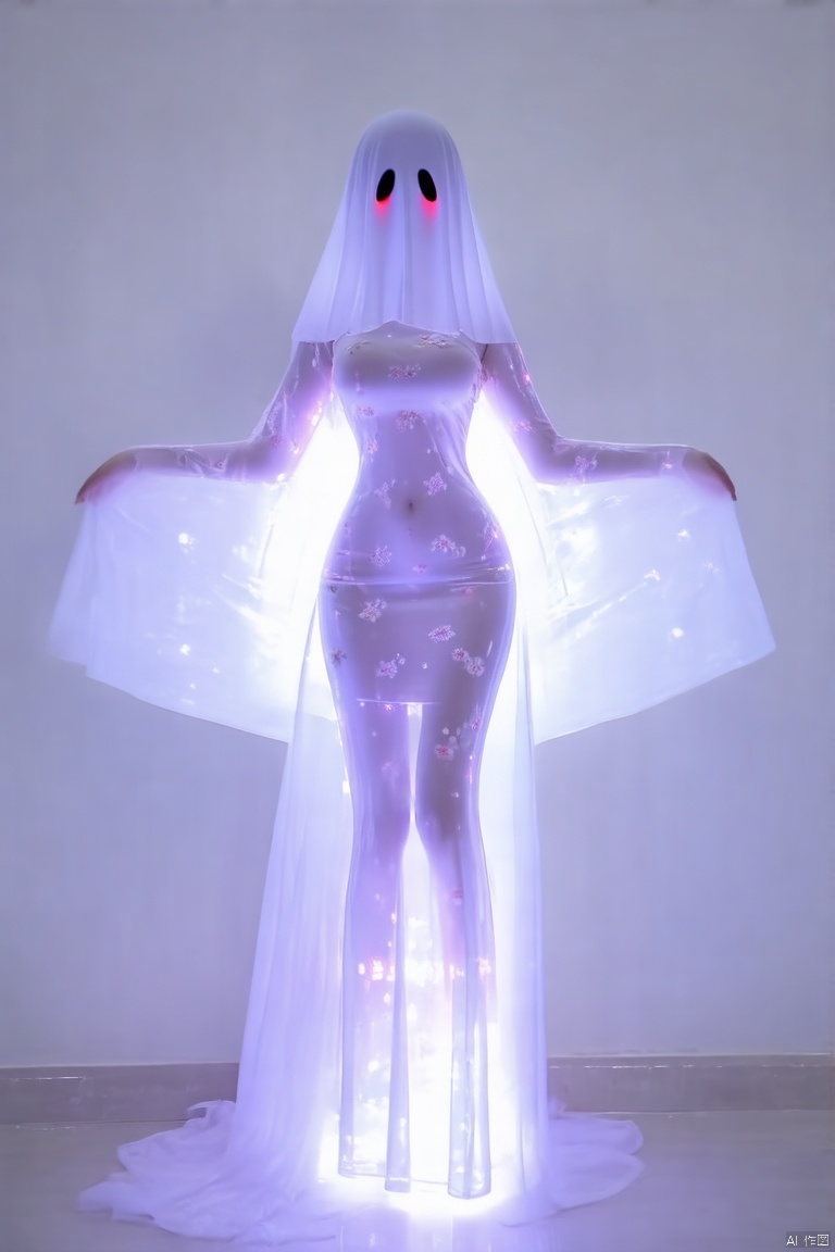 1girl, solo, dress, breasts, simple background, see-through, veil, floral print, large breasts, blush, taut clothes, long dress, standing, full body, arms behind back,Ghost Costume,youlingnian,Fluorescence effect,dynamic angle,Dynamic posture, indoor