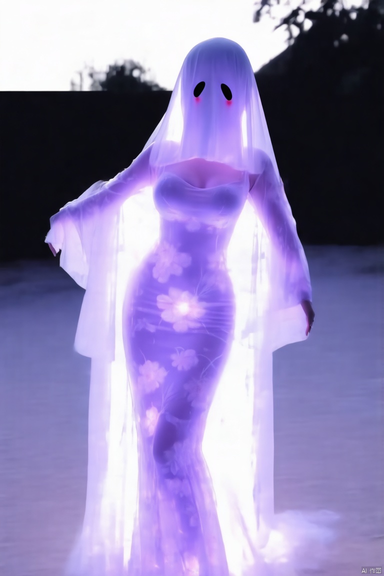 1girl, solo, dress, breasts, simple background, see-through, veil, floral print, large breasts, blush, taut clothes, long dress, standing, full body, arms behind back,Ghost Costume,youlingnian,Fluorescence effect,dynamic angle,Dynamic posture, Outdoor,