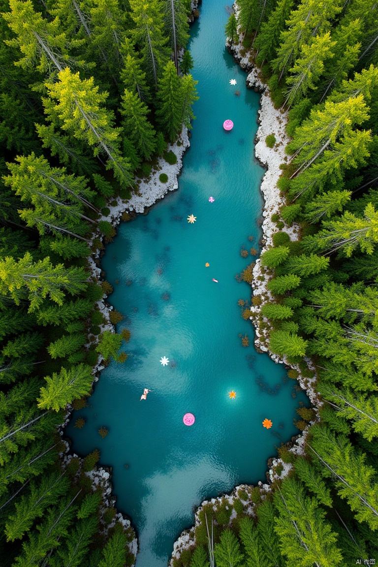 Top view of a mystical forest scene,  vibrant green trees with glowing leaves,  magical creatures like fairies and unicorn...