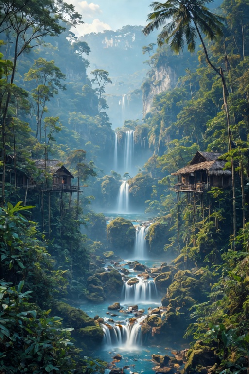 Within the lush Malaysian rainforest,  a breathtaking waterfall cascades down rugged rocks,  its crystal-clear waters rush...
