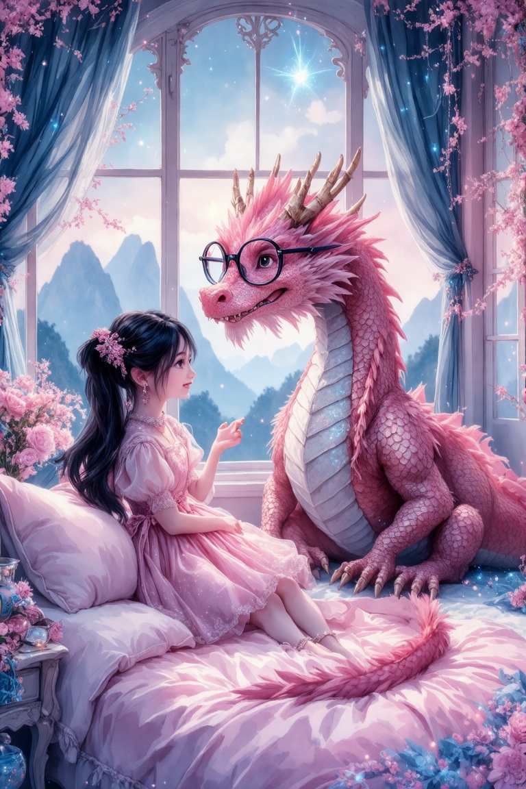 Softly lit pink dragon's bespectacled face leans in,  speaking intimately to a little girl with black hair and pigtails,...