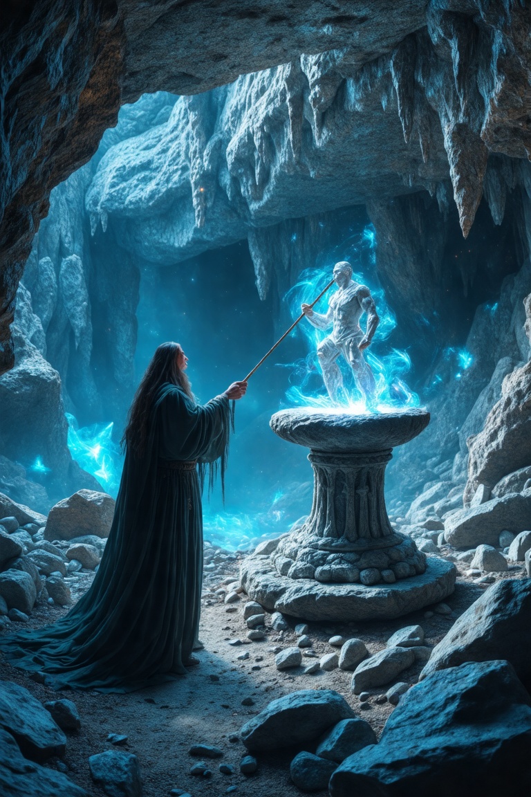 A mystical scene unfolds in a dimly lit cavern. A skilled sculptor stands before a granite pedestal,  eyes closed as if co...