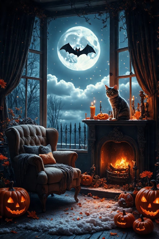A warm and inviting Halloween evening scene unfolds in a cozy shabby-style living room. A plush armchair sits beside a cra...
