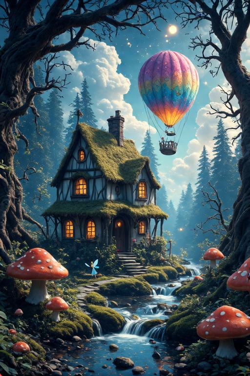 In the whispering darkness of a mystic forest,  a Little Fairy Cottage beckons on the winding path. Mossy trees tower abov...