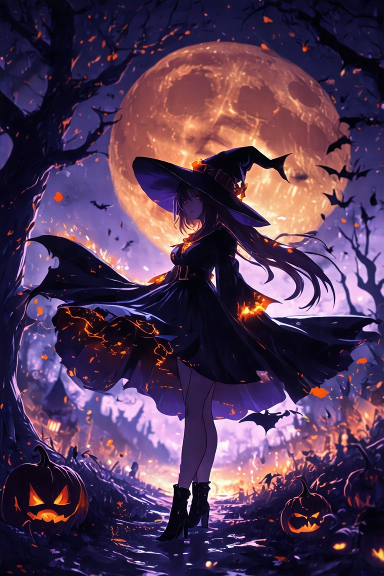 2D anime concept art of a Halloween scene with orange and black color scheme,  dramatic lighting,  and glowing effects. A...