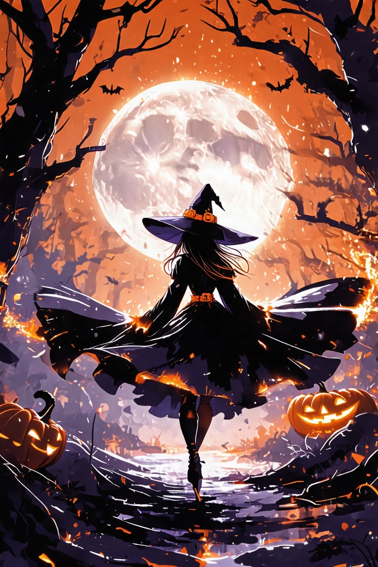 2D anime concept art of a Halloween scene with orange and black color scheme,  dramatic lighting,  and glowing effects. A...