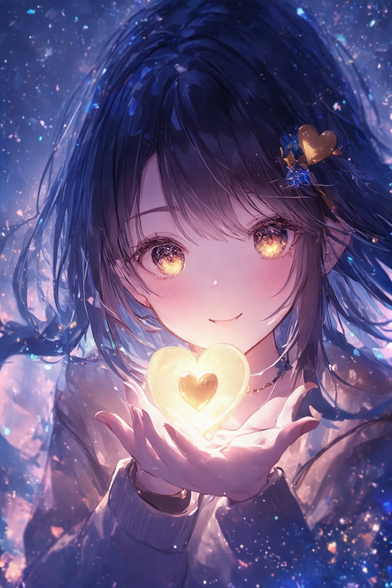 2D anime concept art of a close-up shot featuring a kawaii girl with twinkling eyes and a cute mini heart floating above h...