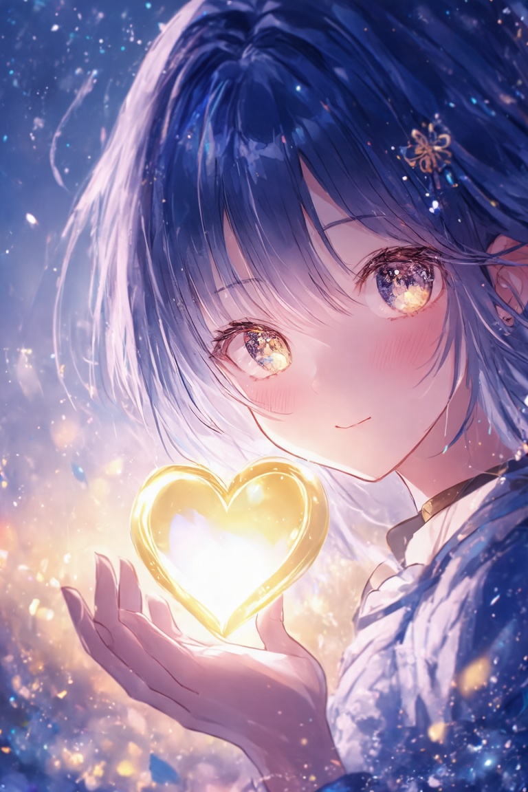 2D anime concept art of a close-up shot featuring a kawaii girl with twinkling eyes and a cute mini heart floating above h...