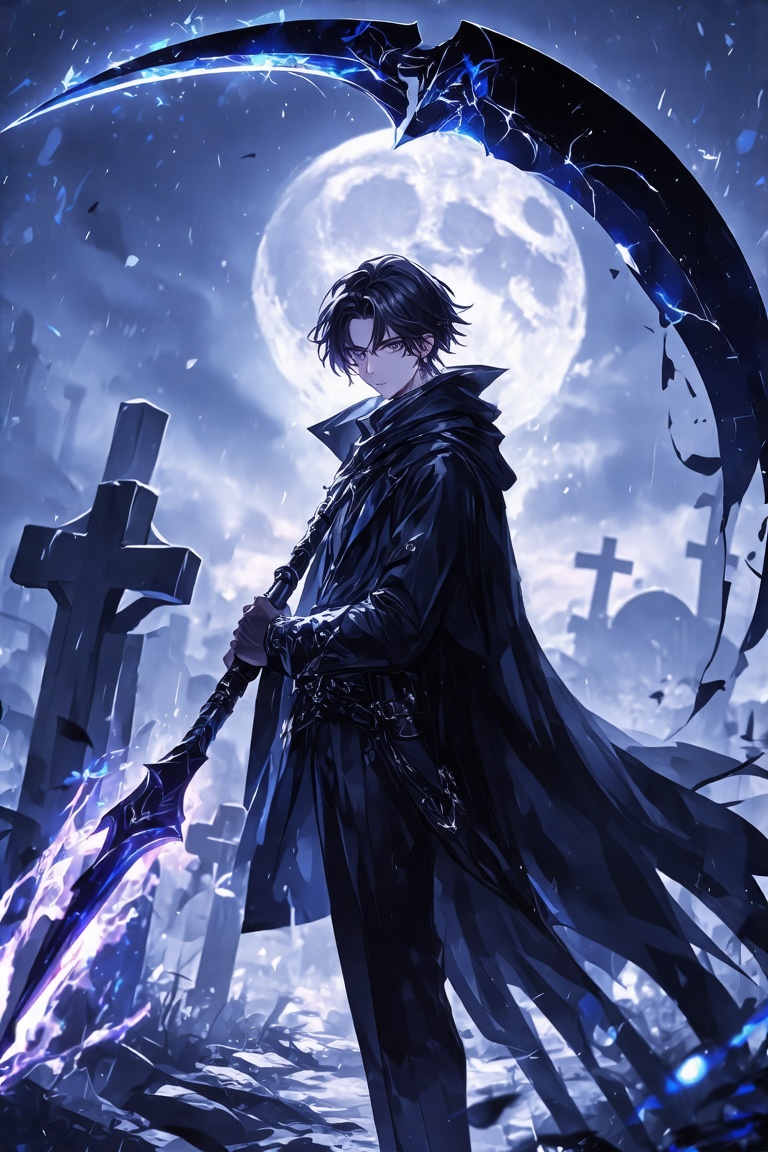 2D anime concept art of a handsome boy wearing a long,  mysterious black jacket resembling a grim reaper's cloak. He holds...