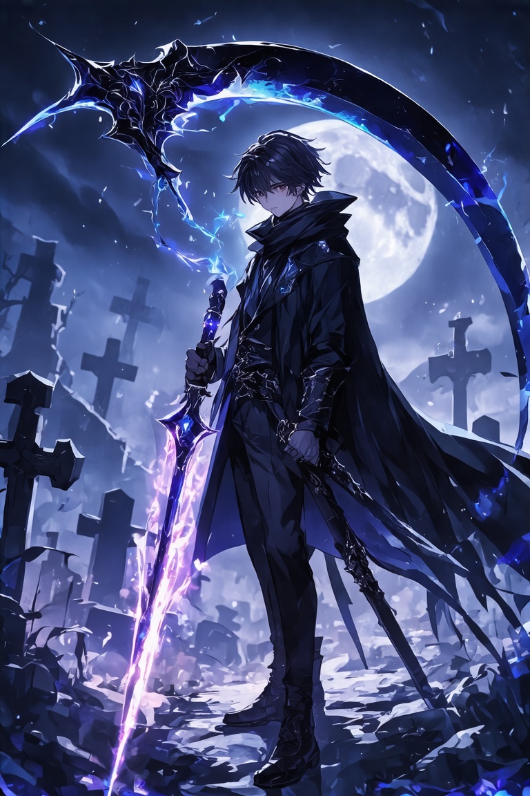 2D anime concept art of a handsome boy wearing a long,  mysterious black jacket resembling a grim reaper's cloak. He holds...