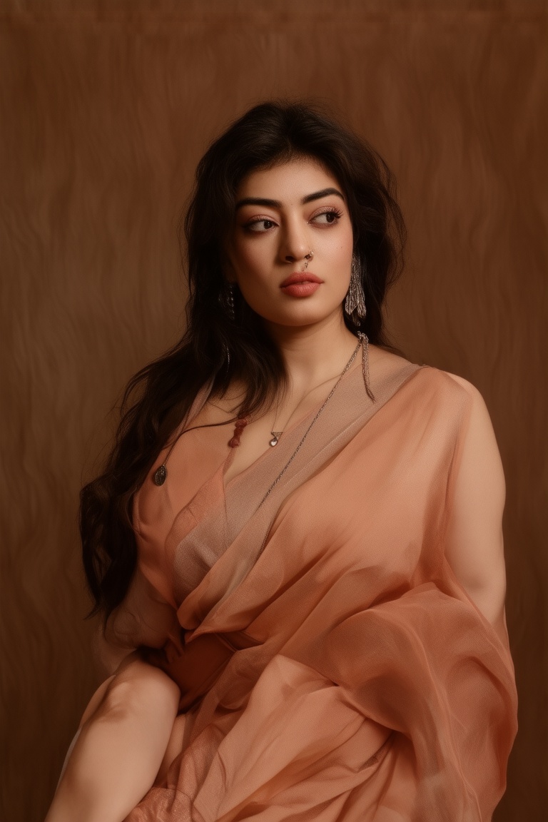 A half-body portrait of a woman dressed in saree and sleeveless blouse with thin straps with vibrant,  flowing black hair...