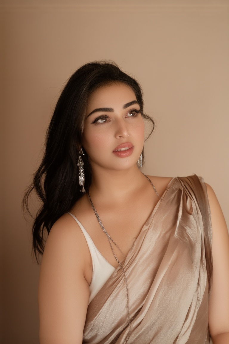 A half-body portrait of a woman dressed in saree and sleeveless blouse with thin straps with vibrant,  flowing black hair...