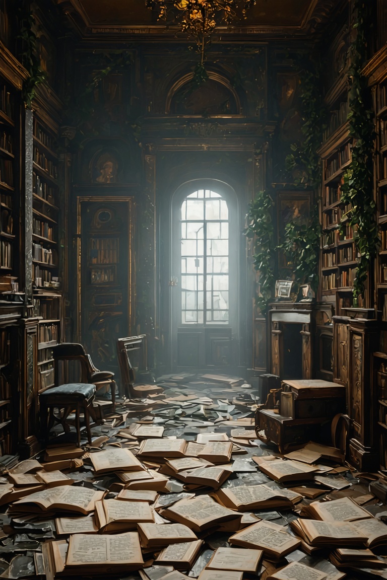 Scene of a mystical Rococo-style ruin,  BREAK,  (Derelict library on Tensor.Art