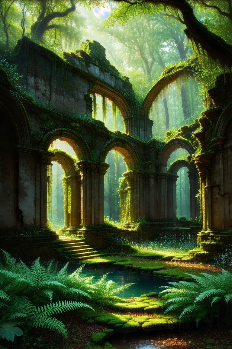 landscape,  Rococo ruins deep in the forest,  Ruins eroded by ferns and moss on Tensor.Art