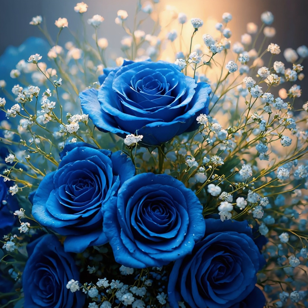 Close-up shot of a beautiful bouquet of flowers,  BREAK,  (Main element: Luxurious bouquet of blue roses on Tensor.Art