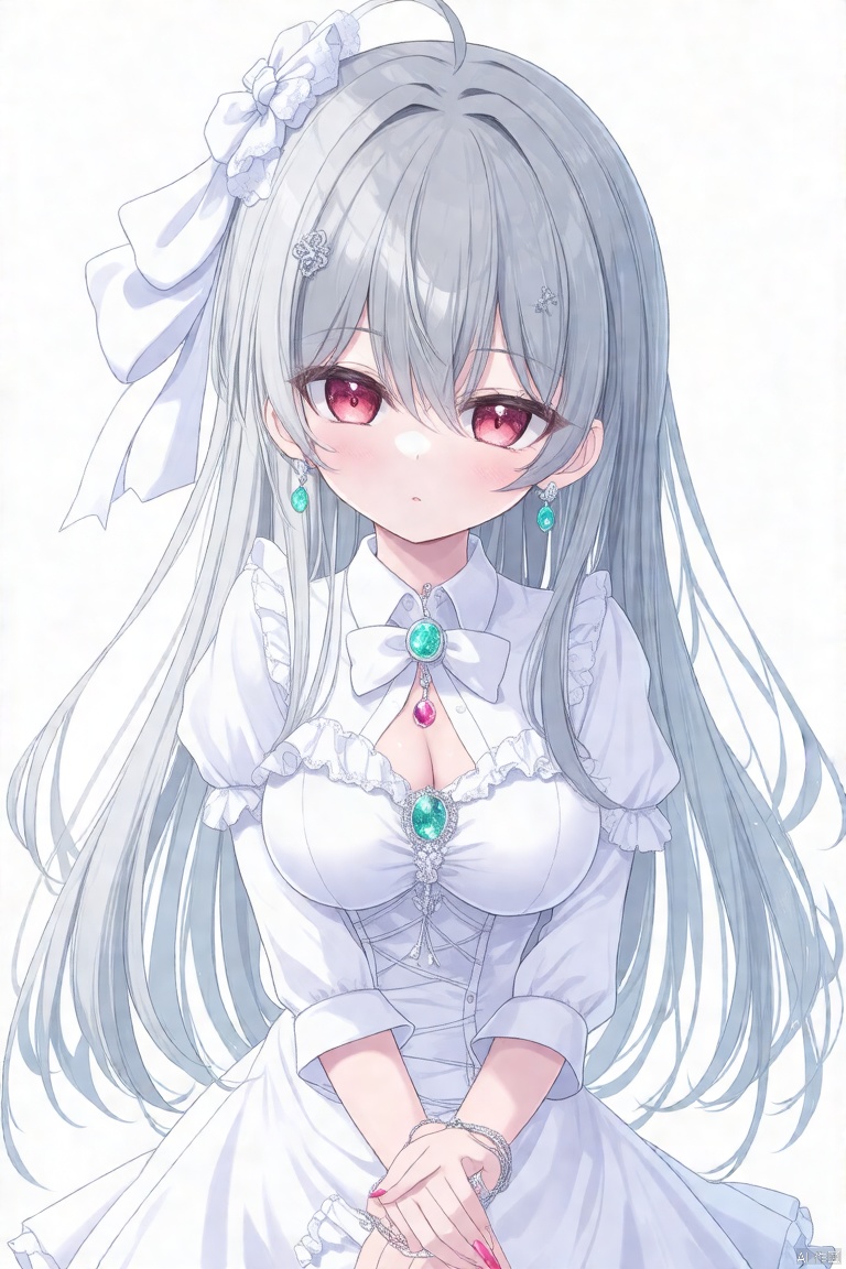 1girl, solo, long hair, breasts, looking at viewer, blush, bangs, shirt, red eyes, long sleeves, white background, dress, bow, hair between eyes, jewelry, medium breasts, closed mouth, white shirt, upper body, hair bow, grey hair, earrings, frills, puffy sleeves, nail polish, white dress, white headwear, hair intakes, own hands together, white bow, gem, interlocked fingers, pink nails, (cute),loli