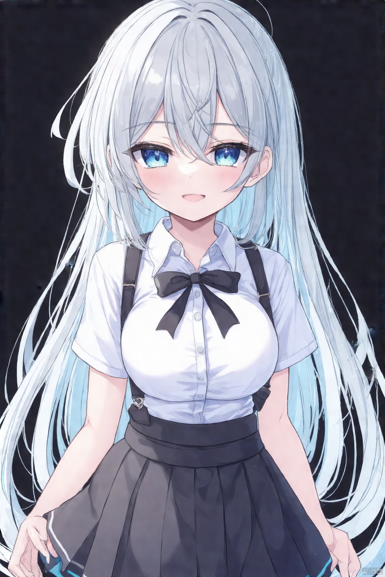 masterpiece,best quality,high quality,(colorful),loli,1girl, long hair, shirt, solo, ribbon, neck ribbon, black background, collared shirt, white shirt, looking at viewer, upper body, hair between eyes, black ribbon, closed mouth, arms at sides, white hair, blue theme, shirt tucked in, skirt, simple background, sketch, light smile, grey eyes, smile, grey hair, straight-on
