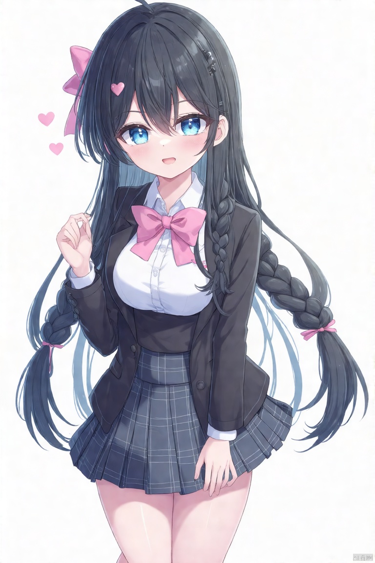 1girl, solo, long hair, looking at viewer, blush, smile, bangs, blue eyes, skirt, shirt, black hair, hair ornament, long sleeves, bow, very long hair, closed mouth, school uniform, jacket, white shirt, braid, pleated skirt, hairclip, collared shirt, virtual youtuber, bowtie, black jacket, plaid, blazer, pink bow, french braid, pink bowtie, tsukino mito,heart-shaped_pupils