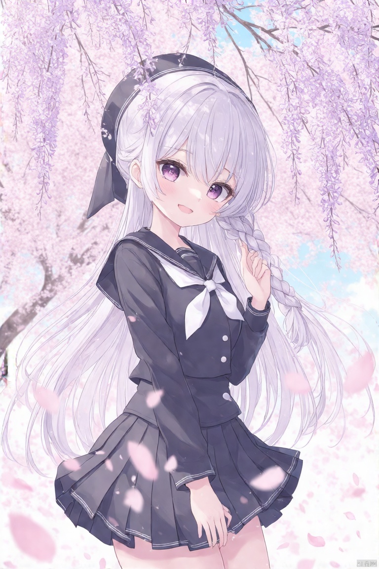 branch, cherry_blossoms, hanami, petals, spring_\(season\), pink_flower, falling_petals, tree, petals_on_liquid, blurry_foreground, graduation, 1girl, tube, plum_blossoms, blurry, solo, depth_of_field, in_tree, school_uniform, long_hair, flower, sanshoku_dango, pleated_skirt, smile, dango, very_long_hair, wisteria, sailor_collar, skirt, shirt, serafuku, day, blue_sky, braid, outdoors, long_sleeves, blurry_background, neckerchief, hand_up, hair_ornament, sitting_in_tree, bangs, picnic, wagashi, hairclip, blush, double_bun, hat ,Masterpiece,Best quality,Extremely detailed
