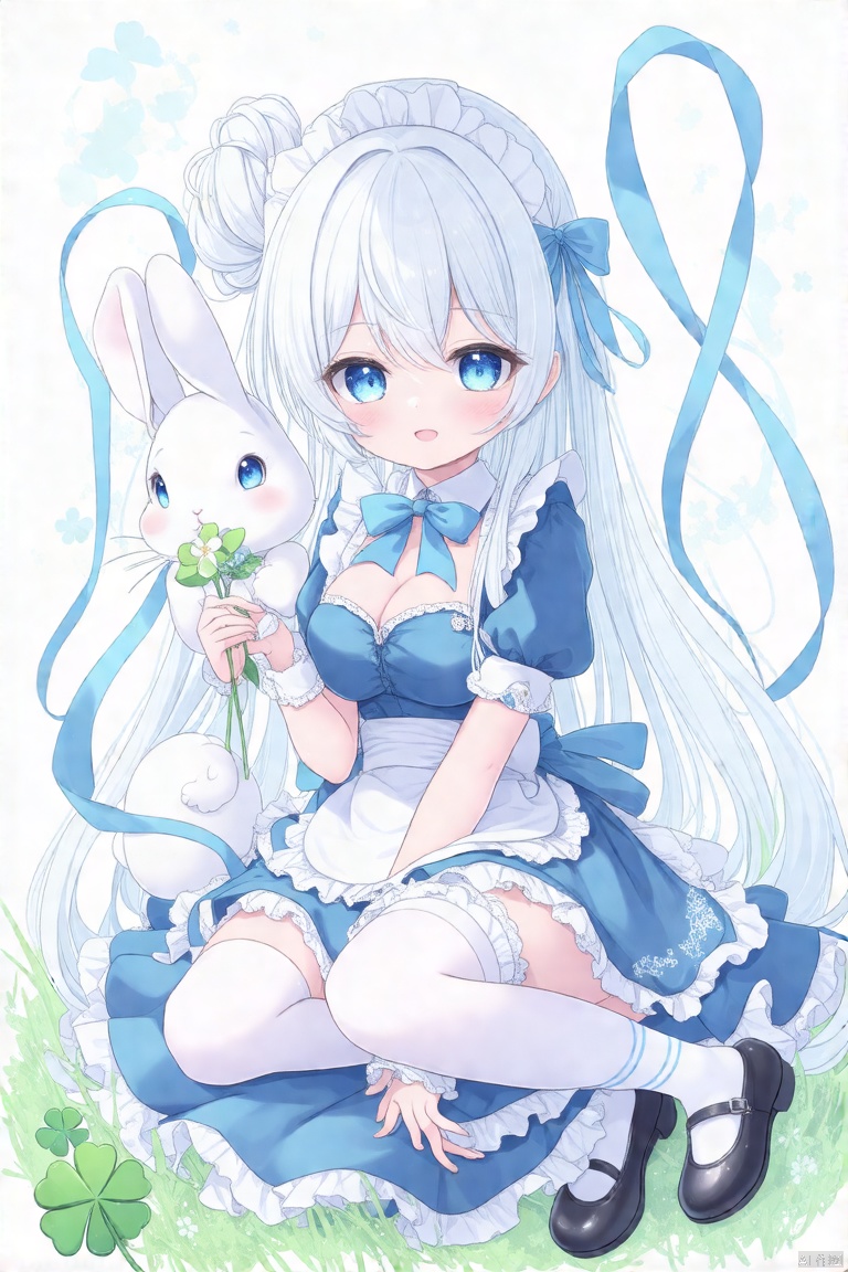 1girl, solo, long hair, looking at viewer, blush, smile, bangs, blue eyes, dress, bow, ribbon, holding, hair between eyes, sitting, very long hair, closed mouth, full body, flower, white hair, short sleeves, frills, shoes, socks, puffy sleeves, hair bun, chibi, black footwear, apron, puffy short sleeves, wrist cuffs, maid, maid headdress, double bun, blue dress, animal, blue bow, wariza, grass, white flower, blue ribbon, white socks, white apron, mary janes, maid apron, frilled apron, rabbit, holding flower, clover,great quality,masterpiece,very aesthetic,absurdres
