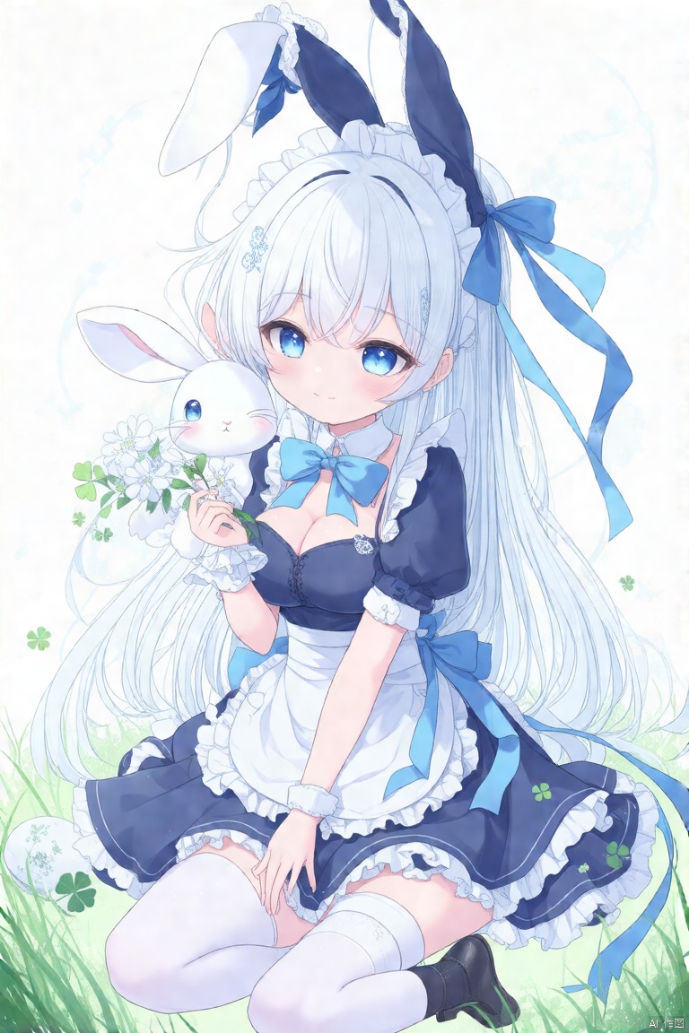 1girl, solo, long hair, looking at viewer, blush, smile, bangs, blue eyes, dress, bow, ribbon, holding, hair between eyes, sitting, very long hair, closed mouth, full body, flower, white hair, short sleeves, frills, shoes, socks, puffy sleeves, hair bun, chibi, black footwear, apron, puffy short sleeves, wrist cuffs, maid, maid headdress, double bun, blue dress, animal, blue bow, wariza, grass, white flower, blue ribbon, white socks, white apron, mary janes, maid apron, frilled apron, rabbit, holding flower, clover,great quality,masterpiece,very aesthetic,absurdres
