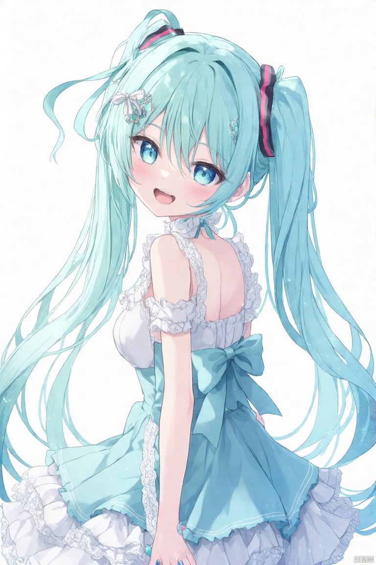1girl, solo, long hair, looking at viewer, smile, open mouth, bangs, blue eyes, hair ornament, white background, dress, bow, ribbon, hair between eyes, bare shoulders, twintails, very long hair, blue hair, :d, hair bow, frills, looking back, from behind, nail polish, white dress, aqua eyes, aqua hair, blue dress, frilled dress, white bow, lace trim, blue nails, aqua nails, dress bow, hatsune miku
,white background