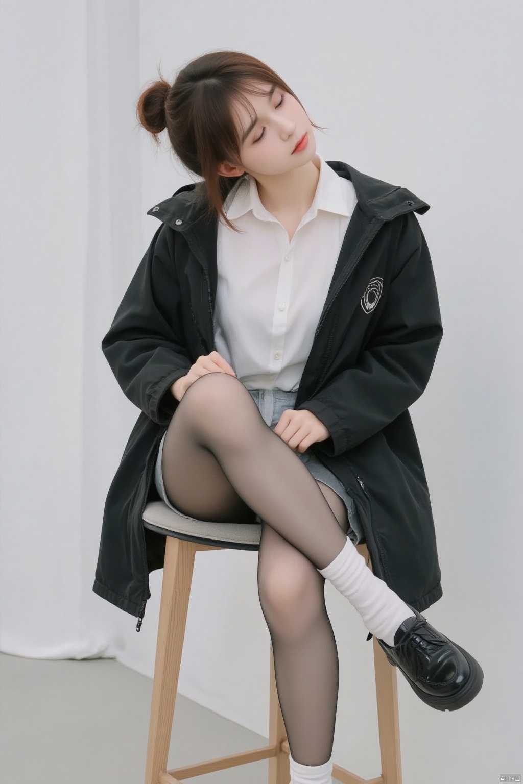 1girl,solo,brown hair,shirt,jewelry,sitting,jacket,closed eyes,white shirt,pantyhose,shoes,socks,hair bun,black footwear,black jacket,chair,single hair bun,crossed legs,white socks