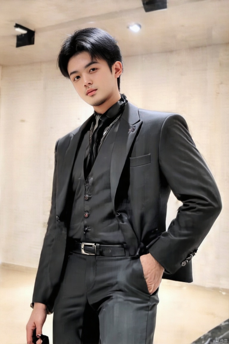 1boy,CN3.5DanWang,solo,looking at viewer,short hair,black hair,1boy,black necktie, suit,long_pants