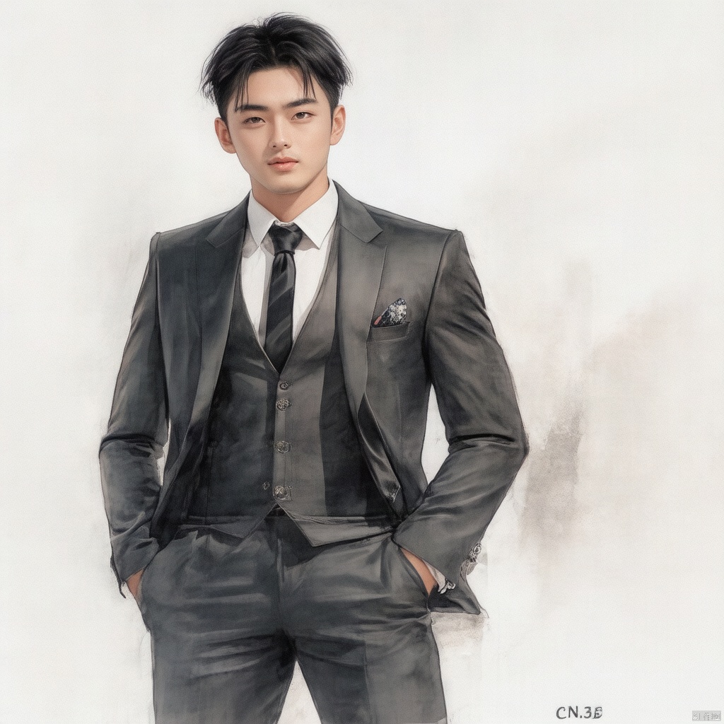 1boy,CN3.5DanWang,solo,looking at viewer,short hair,black hair,1boy,black necktie, suit,long_pants