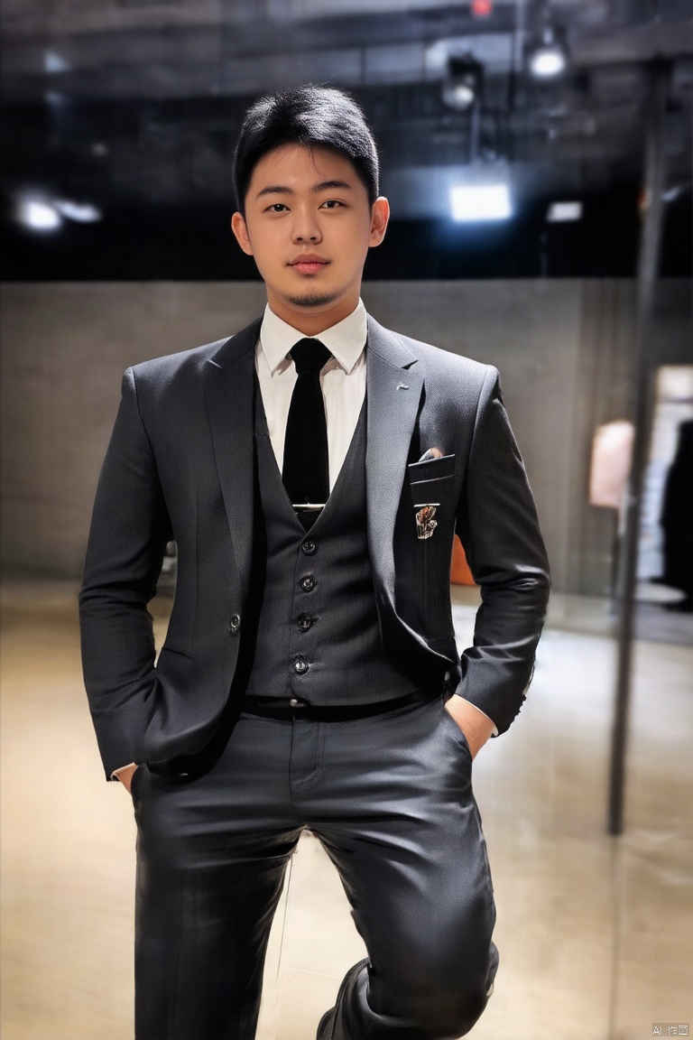 1boy,CN3.5DanWang,solo,looking at viewer,short hair,black hair,1boy,black necktie, suit,long_pants