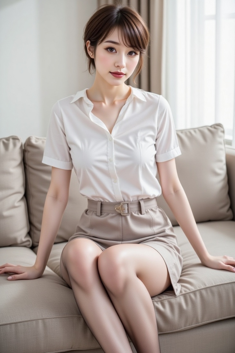 A sultry Japanese woman,  24 years old,  with shoulder-length brown hair framing her captivating gaze. She poses seductive...
