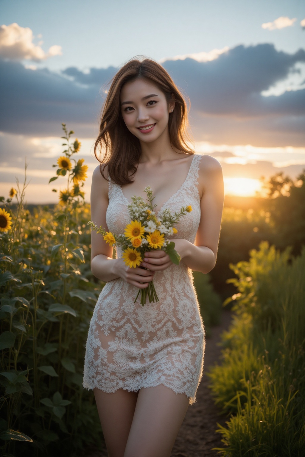 A serene evening landscape: A Asian woman in a radiant white lace sleeveless round-neckline dress,  paired with stilettos...
