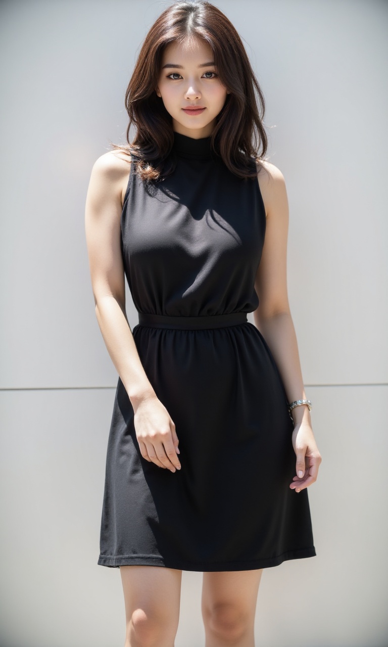 A medium-sized young Asian woman with a stunning,  beautiful face. Her neatly styled hair frames her face,  and she has se...