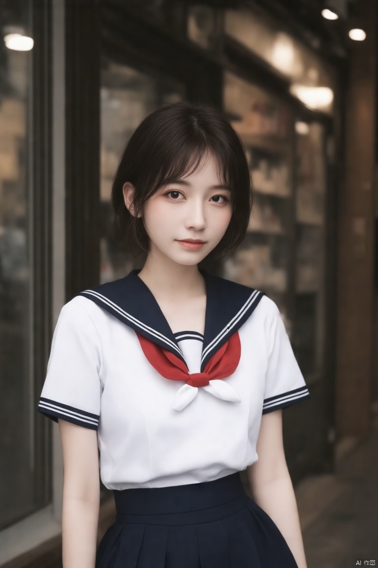 Beautiful asian Woman ,  supermodel ,  Watch Viewers :1.21,  photorealistic,  very realistic pictures , Realistic,  perfect configuration , Proper placement, Japanese high school sailor uniform on city streets:1.21, Short sleeve clothing, White short-sleeved sailor uniform :1.21, sera fuku:1.21, The upper body is a uniform :1.21, navy mini skirt, I can see your belly, Brown Hair,  BOB CUT HAIR:1.331,  Anatomically Correct Proportions :1.331, small head :1.331, Slender body:1.331,  Thin Waist:1.331, Thin limbs:1.331,  flat chest:1.331,  clear eyebrows on the rails :1.331, Detailed face,  white skin:1.21, Fine skin, In the classroom at dusk, Sit at a desk,  Dynamic Cinematic Lighting,