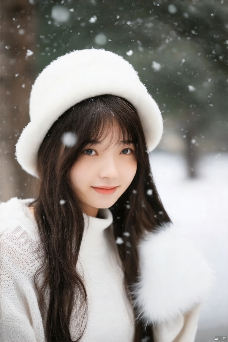 A close-up shot of a young Asian woman with long dark brown hair and a white hat on her head. She is wearing a white long-sleeved sweater with a white fur cuff.We can see snow falling from the sky and trees in the distance.