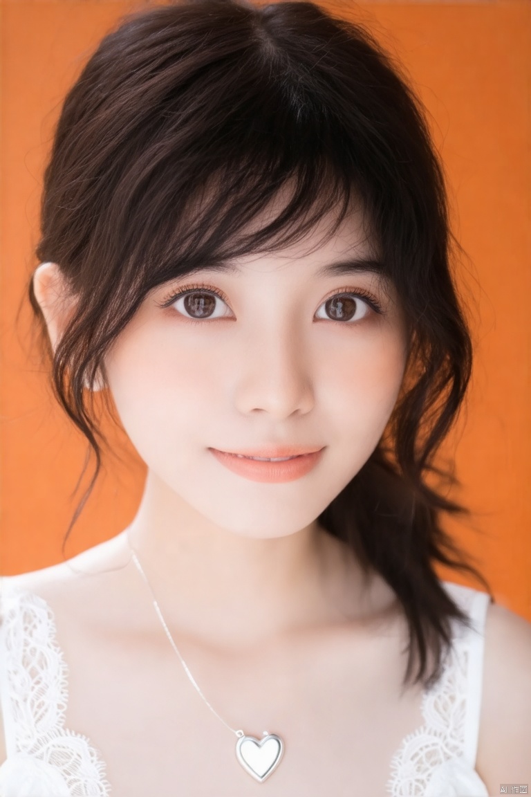 A close-up shot of a young Asian woman with dark brown eyes and dark brown hair. She is wearing a white sleeveless blouse with a white lace trim. She has a silver heart necklace around her neck, simple orange background