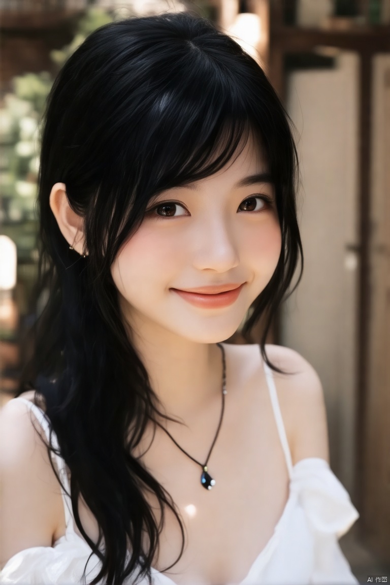 1 asian girl, solo, looking at viewer, smile, long hair, black hair,upper body, necklace, black eyes, lips, realistic