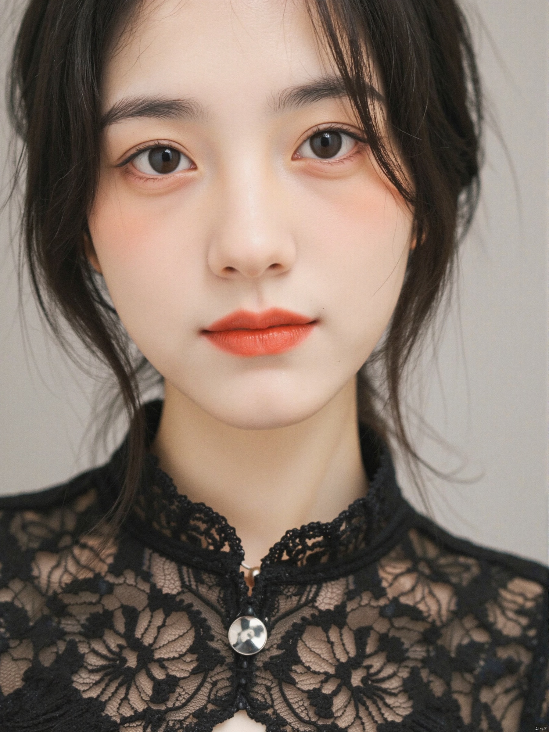 A close-up shot of a young Asian woman with dark brown eyes and dark brown hair. She is wearing a black lace blouse with a silver  necklace around her neck. Her lips are painted a vibrant shade of red. Her hair is pulled back and cascades over her shoulders. The woman's face is the focal point of the image.