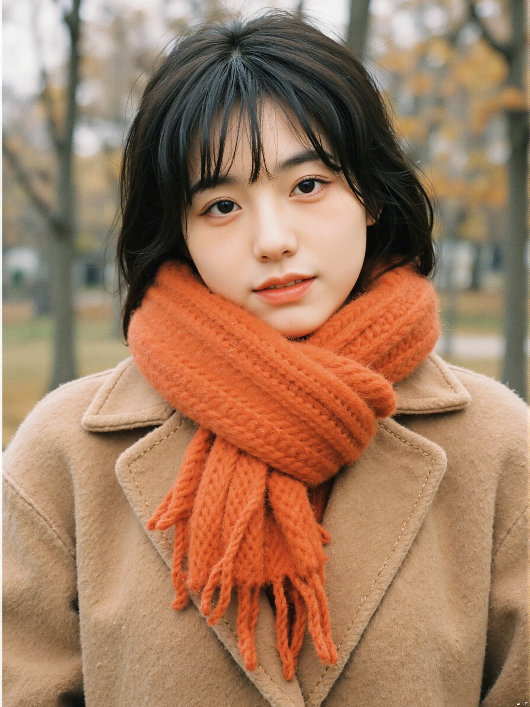 a young Asian woman with short black hair, wearing a brown coat and an orange scarf. She is standing in front of a background of trees. The woman's expression is neutral, with a slight smile on her face. 