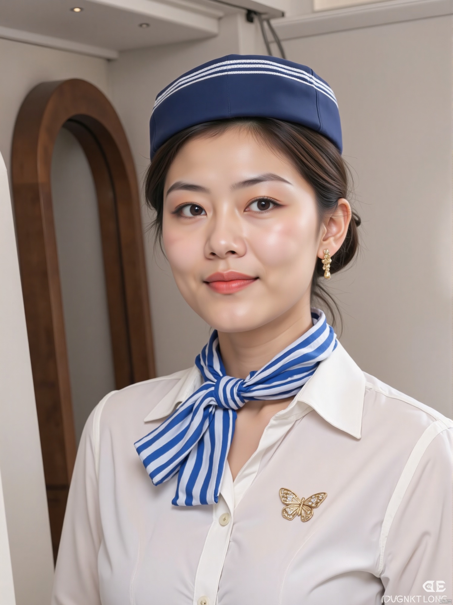 A young Asian flight attendant stands confidently in the cabin of an airplane, her white blouse adorned with a blue scarf tied elegantly around her neck and a glinting gold butterfly pendant catching the light. Her sleek bob hairstyle and piercing blue eyes sparkle against the stark white backdrop, where a brown archway adds warmth to the scene. She wears a blue and white striped cap and earrings, adding vibrant pops of color to her outfit as she gazes directly ahead.