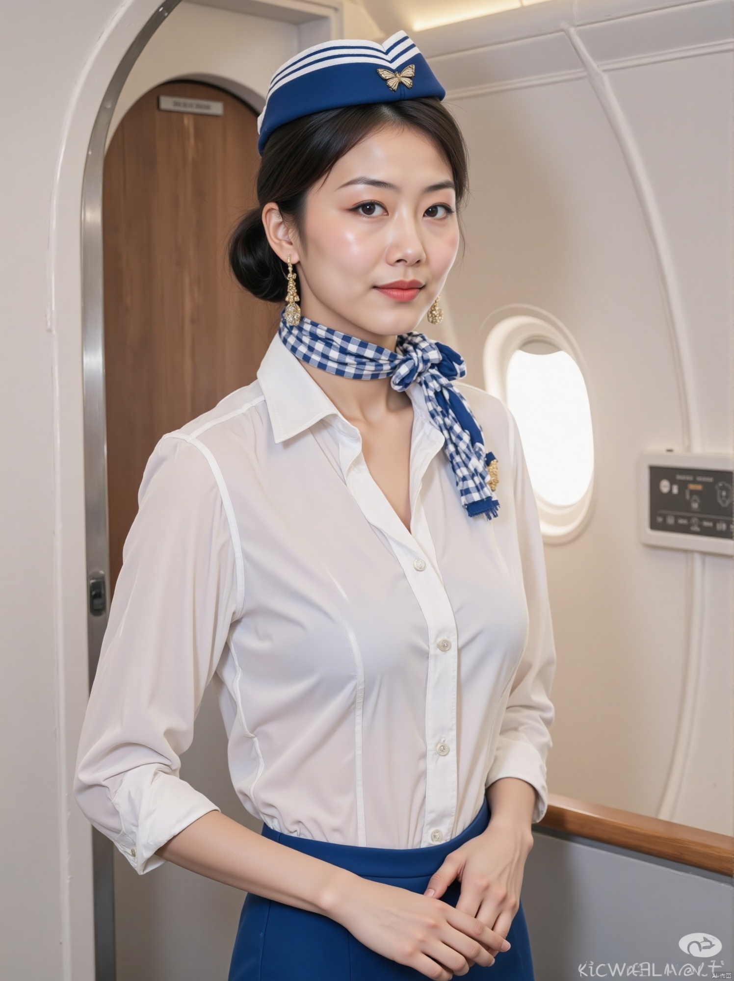 A young Asian flight attendant stands confidently in the cabin of an airplane, her white blouse adorned with a blue scarf tied elegantly around her neck and a glinting gold butterfly pendant catching the light. Her sleek bob hairstyle and piercing blue eyes sparkle against the stark white backdrop, where a brown archway adds warmth to the scene. She wears a blue and white striped cap and earrings, adding vibrant pops of color to her outfit as she gazes directly ahead.