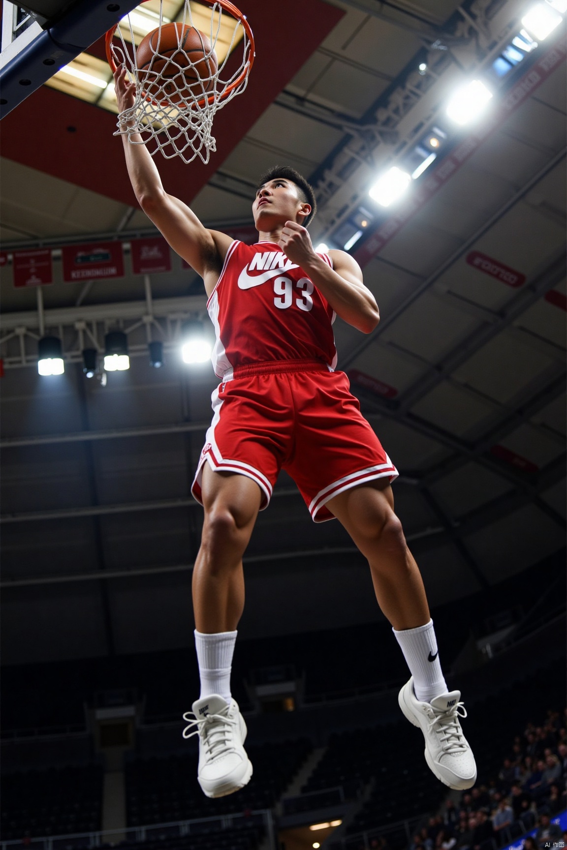 Character:1man,solo,asian,muscular,handsome,slam dunk.
Clothing:NIKE basketball clothes,white socks,white footwear,NIKE logo.
Others:from below,indoors,bright,masterpiece,realistic,best quality,highly detailed,highres,jzns.